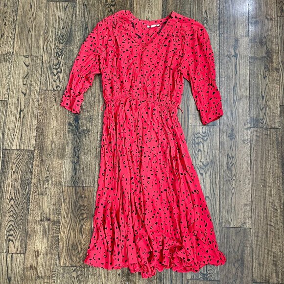 Vintage 80s Karin Stevens Red Midi Dress Abstract Print Button Front Rayon M - Picture 7 of 7